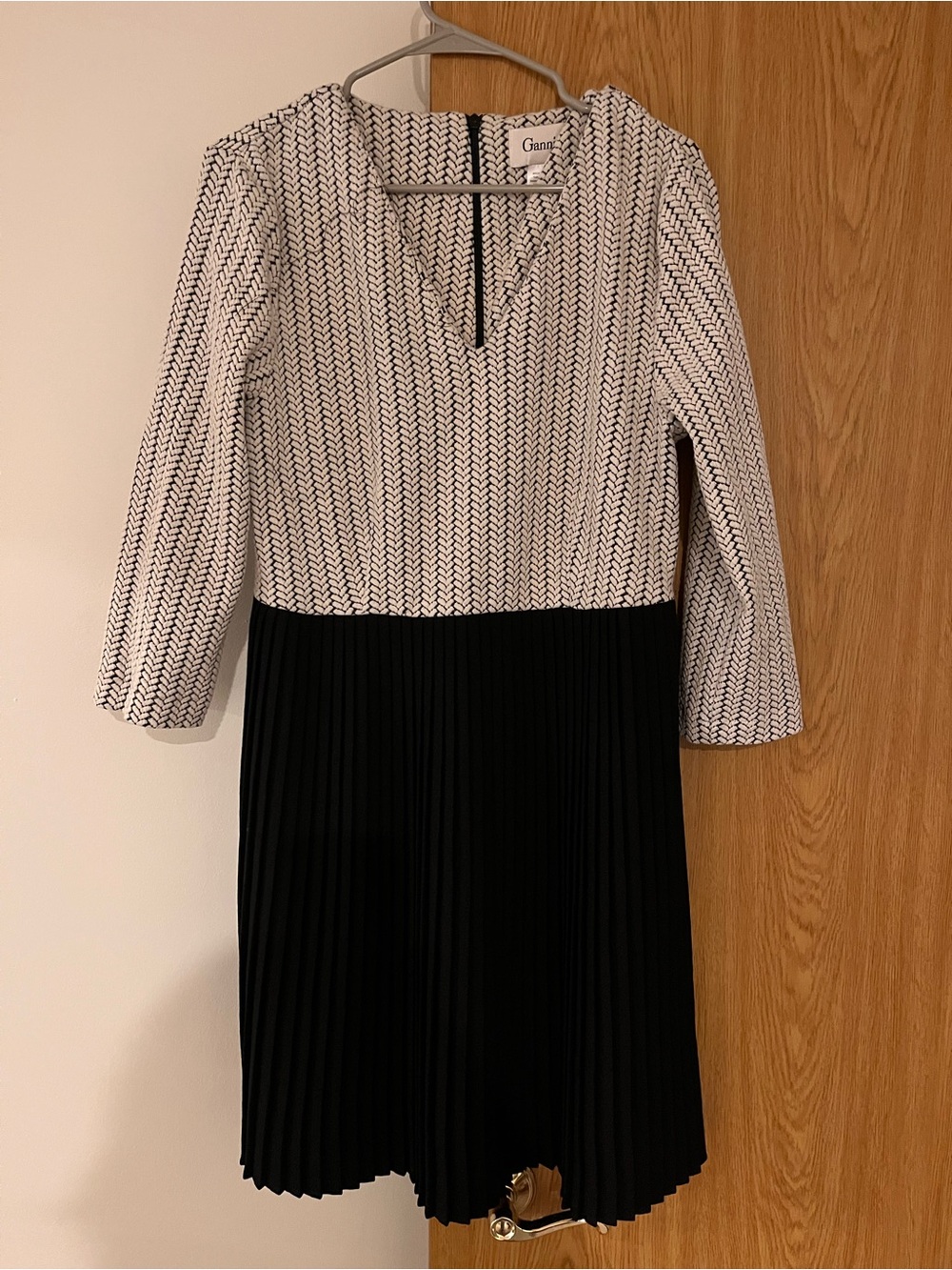 Ganni / Anthropologie Black and White Two-Tone Pleated Long-Sleeve Dress